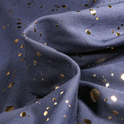 Tissu Jersey Coton Pois métallisés dorés sur fond Bleu nuit