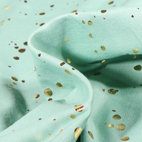 Tissu Jersey Coton Pois métallisés dorés sur fond Vert menthe