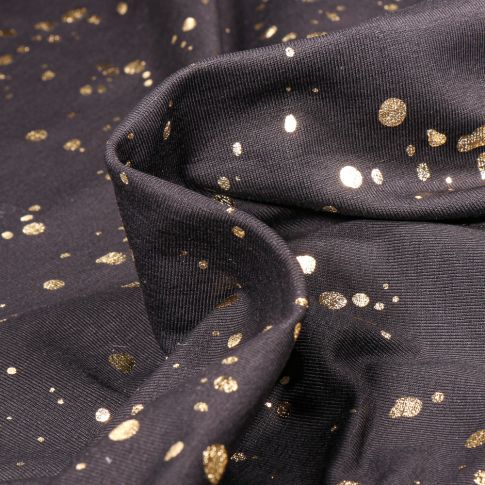 Tissu Jersey Coton Pois métallisés dorés sur fond Noir