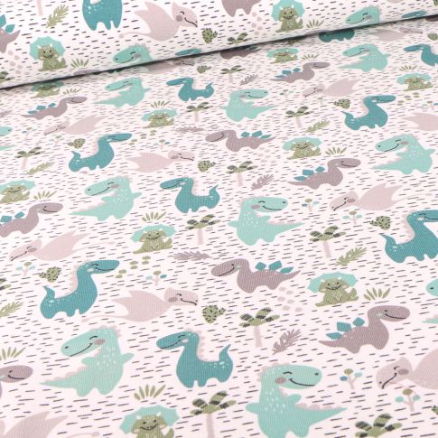 Tissu Jersey Coton Dinosaures et pointillés sur fond Blanc cassé