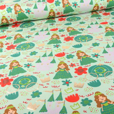 Tissu Jersey Coton Princesses et motifs dorés sur fond Vert clair