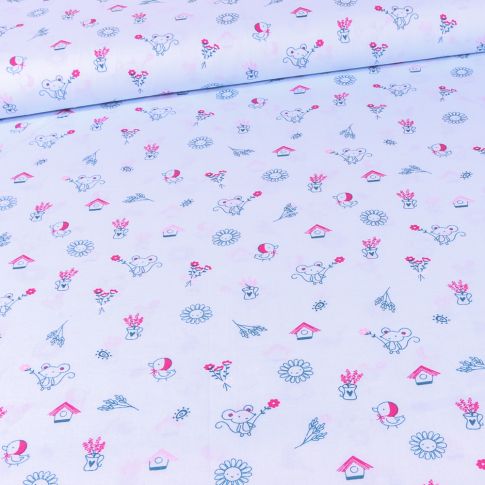 Tissu Coton imprimé LittleBird Garden souris sur fond Bleu ciel