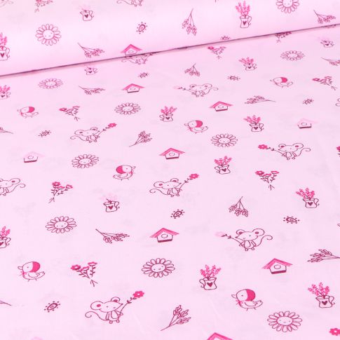 Tissu Coton imprimé LittleBird Garden souris sur fond Rose
