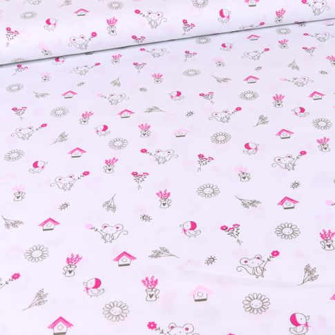 Tissu Coton imprimé LittleBird Garden souris sur fond Gris clair
