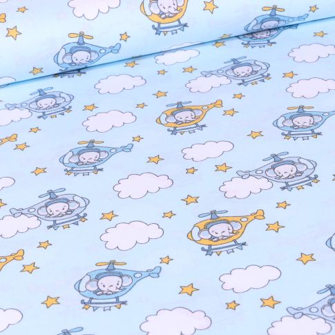 Tissu Coton imprimé LittleBird Baby éléphant hélicoptère sur fond Bleu ciel