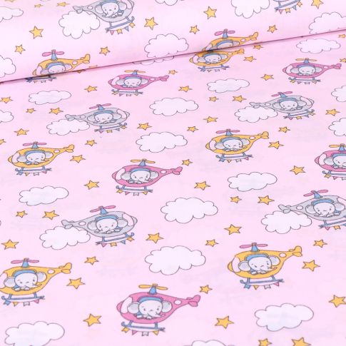 Tissu Coton imprimé LittleBird Baby éléphant hélicoptère sur fond Rose bonbon