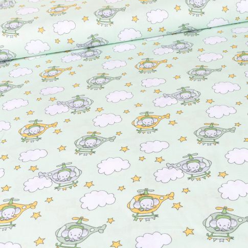 Tissu Coton imprimé LittleBird Baby éléphant hélicoptère sur fond Vert menthe clair