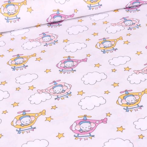 Tissu Coton imprimé LittleBird Baby éléphant hélicoptère sur fond Rose pâle