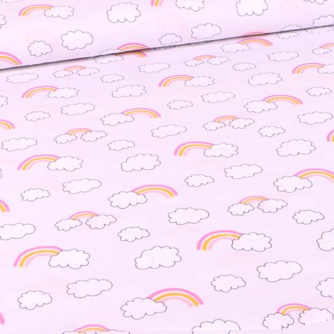 Tissu Coton imprimé LittleBird Nuages arc en ciel sur fond Rose pâle