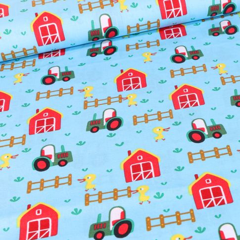 Tissu Coton imprimé LittleBird Ferme et tracteur sur fond Bleu