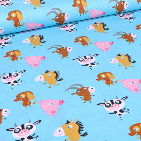 Tissu Coton imprimé LittleBird Animaux de la ferme sur fond Bleu