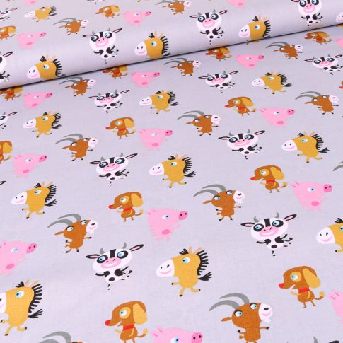 Tissu Coton imprimé LittleBird Animaux de la ferme sur fond Gris