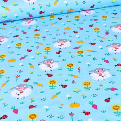 Tissu Coton imprimé LittleBird Moutons et fleurs sur fond Bleu turquoise