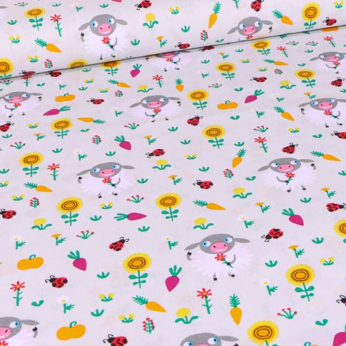 Tissu Coton imprimé LittleBird Moutons et fleurs sur fond Gris