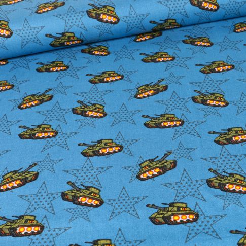 Tissu Coton imprimé Tank militaire sur fond Bleu