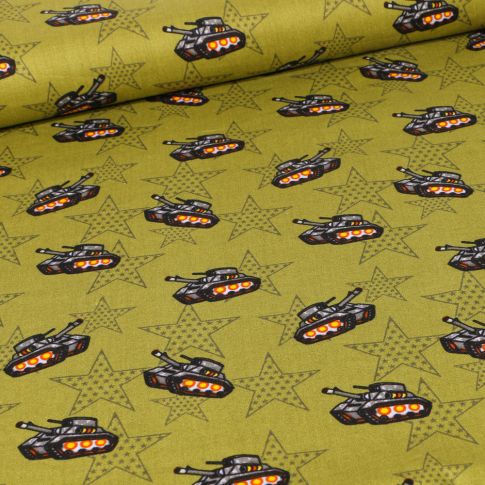 Tissu Coton imprimé Tank militaire sur fond Vert