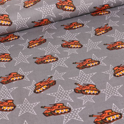 Tissu Coton imprimé Tank militaire sur fond Gris foncé