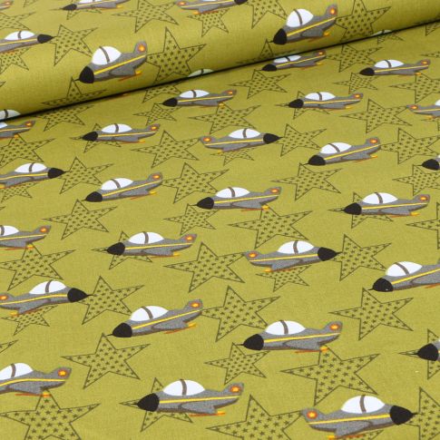 Tissu Coton imprimé Avions militaires et étoiles sur fond Vert