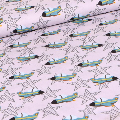 Tissu Coton imprimé Avions militaires et étoiles sur fond Gris clair