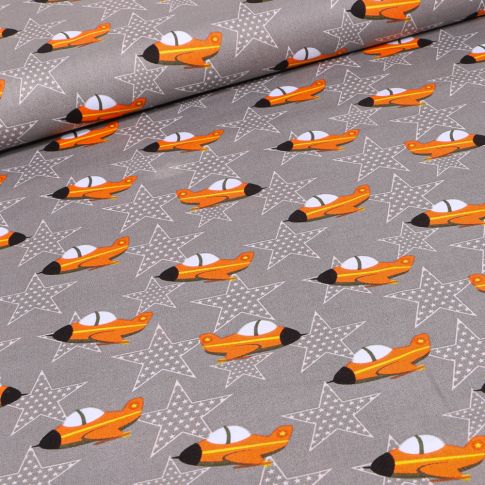 Tissu Coton imprimé Avions militaires et étoiles sur fond Gris foncé