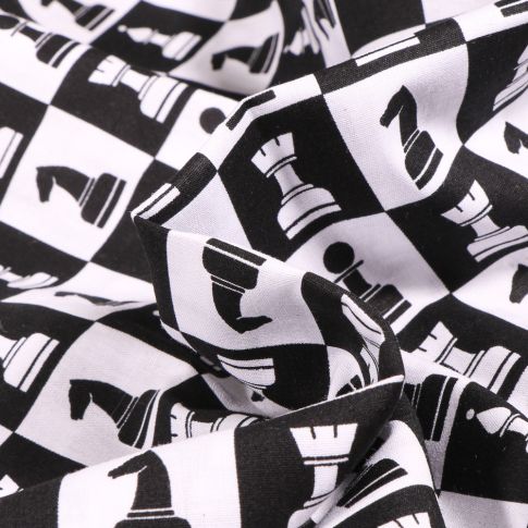 Tissu Coton imprimé Jeux d'échec LE JEU DE LA DAME sur fond Noir