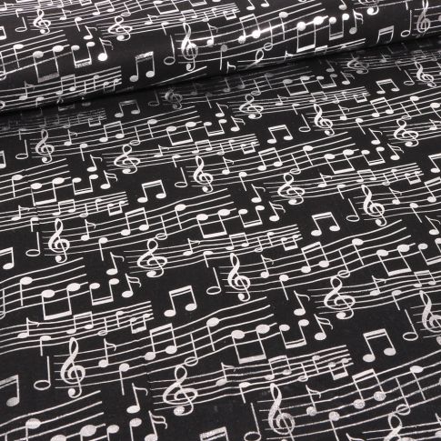 Tissu Coton imprimé Partitions de musiques argent sur fond Noir