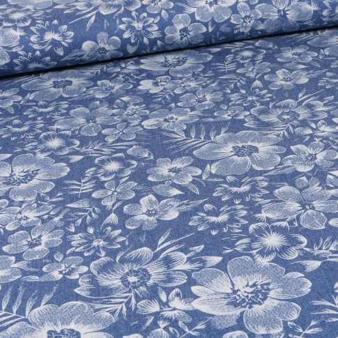 Tissu Chambray Flowers Julia sur fond Bleu