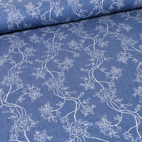 Tissu Jean Denim extensible Lianes fleuris sur fond Bleu