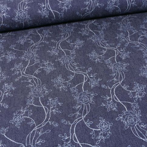 Tissu Jean Denim extensible Lianes fleuris sur fond Bleu foncé