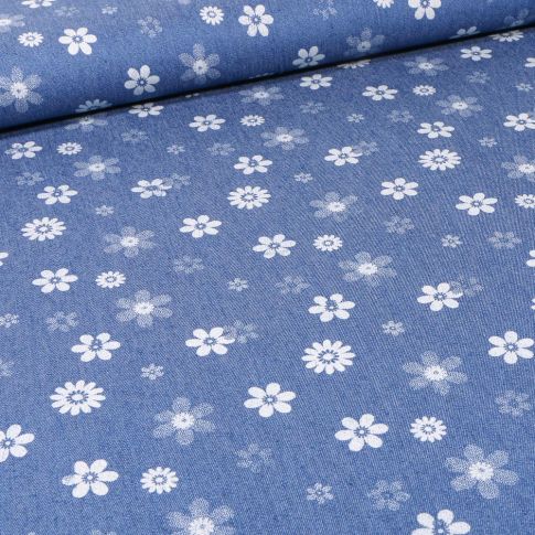 Tissu Jean Denim extensible Fleurs diverses sur fond Bleu