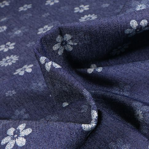 Tissu Jean Denim extensible Fleurs diverses sur fond Bleu marine