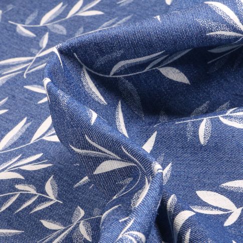 Tissu Jeans Branches et feuilles sur fond Bleu