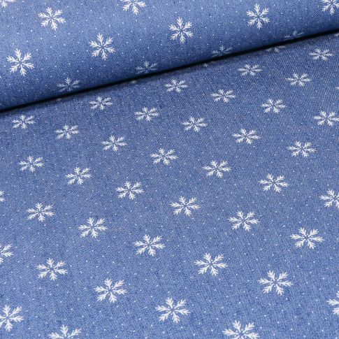 Tissu Jean Denim extensible Flocons sur fond Bleu