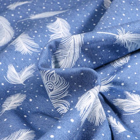 Tissu Chambray Plumes blanches sur fond Bleu
