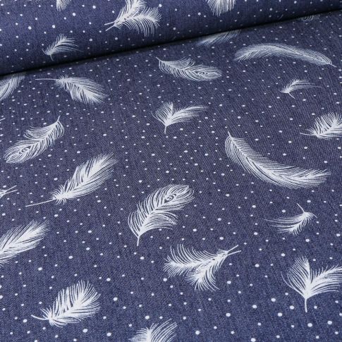 Tissu Chambray Plumes sur fond Bleu