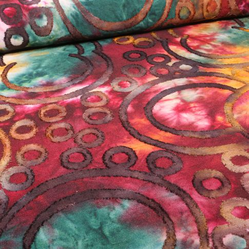 Tissu Batik Jersey Cercles texturés sur fond Rouge