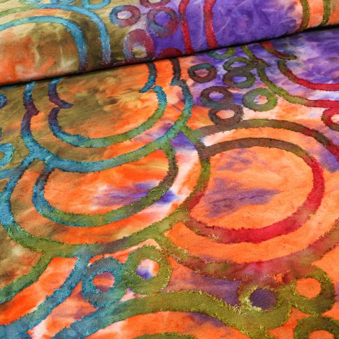 Tissu Jersey Batik abstrait Cercles texturés sur fond Orange