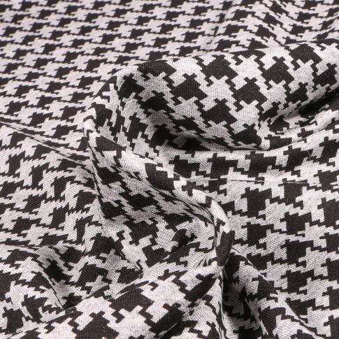 Tissu Jersey Viscose  Pied de poule sur fond Gris chiné