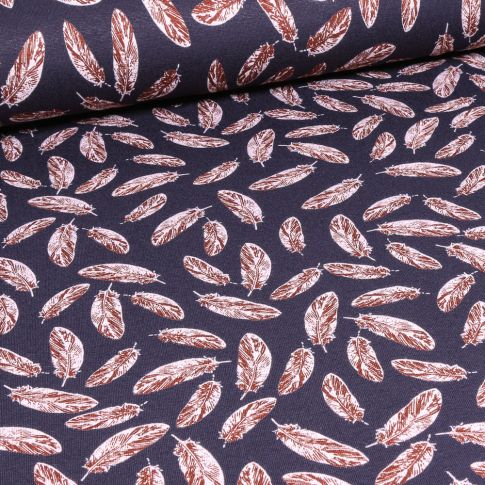 Tissu Jersey Viscose  Plumes sur fond Bleu marine