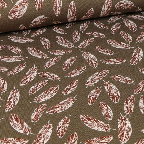 Tissu Jersey Viscose  Plumes  sur fond Vert kaki