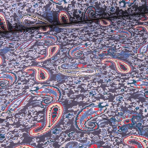 Tissu Jersey Viscose  Motifs cachemire colorés sur fond Bleu nuit