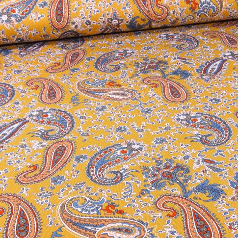 Tissu Jersey Viscose  Motifs cachemire colorés sur fond Jaune