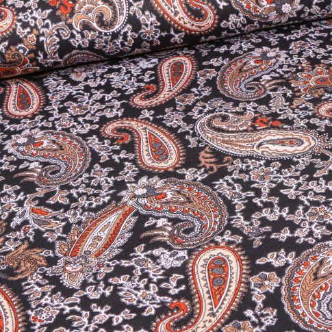 Tissu Jersey Viscose  Motifs cachemire colorés sur fond Noir