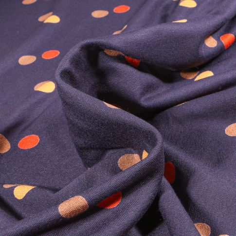Tissu Jersey Viscose  Pois 1.5 cm colorés sur fond Bleu marine