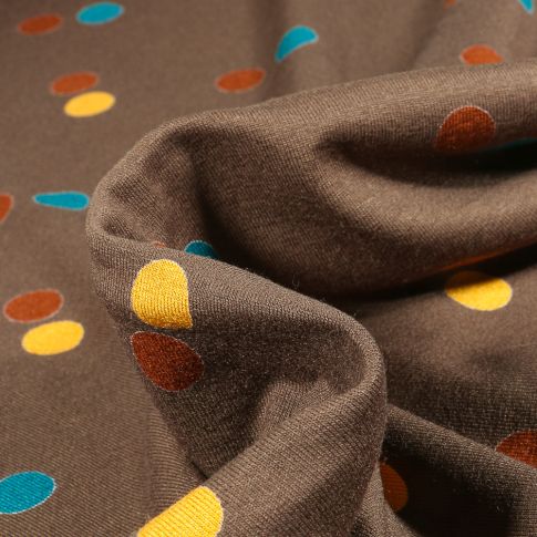 Tissu Jersey Viscose  Pois 1.5 cm colorés sur fond Marron