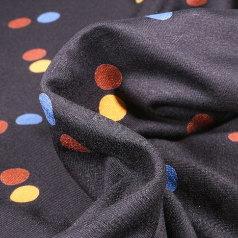 Tissu Jersey Viscose  Pois 1.5 cm colorés sur fond Noir