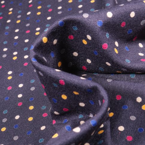 Tissu Jersey Viscose  Petits points colorés sur fond Bleu marine