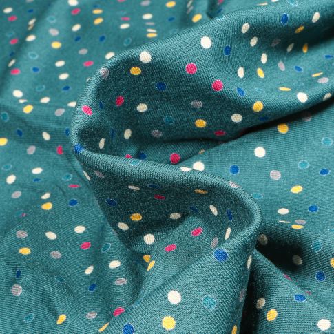 Tissu Jersey Viscose  Petits points colorés sur fond Bleu pétrole