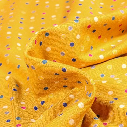 Tissu Jersey Viscose  Petits points colorés sur fond Jaune