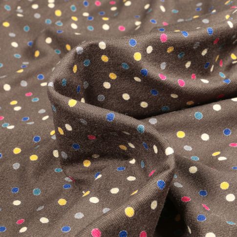 Tissu Jersey Viscose  Petits points colorés sur fond Marron